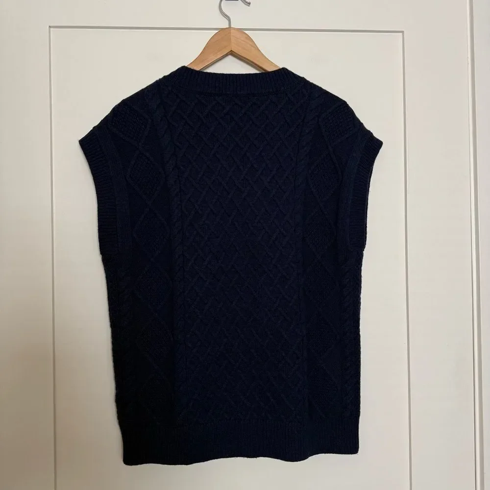 Madewell Sweater Vest Women Sz XS Navy Cable Knit V Neck Short Sleeve Wool Blend